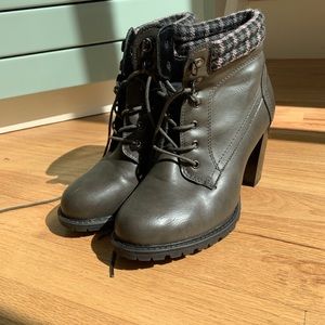 Taupe ankle booties with houndstooth ankle